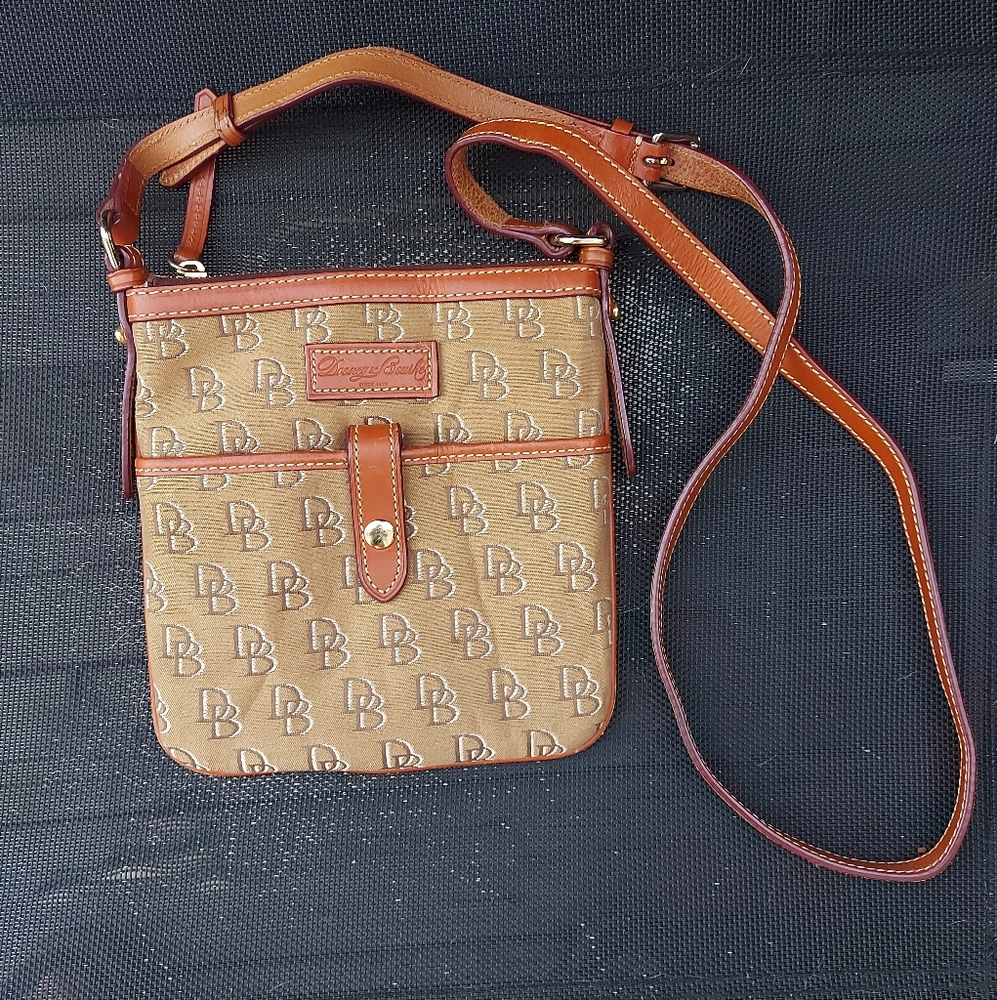Dooney & Bourke Tan Canvas DB Signature Logo Small Letter Carrier